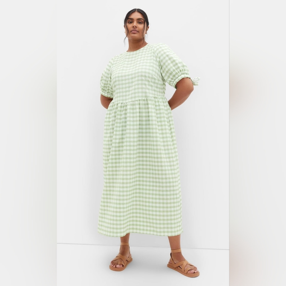 City Chic 20 Sage Gingham Puff Sleeve Dress NEW